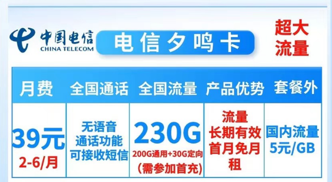 就沒有流量多的電信純流量卡了嗎？當(dāng)然有！電信夕鳴卡39元230G大流量|19元順和卡165G流量